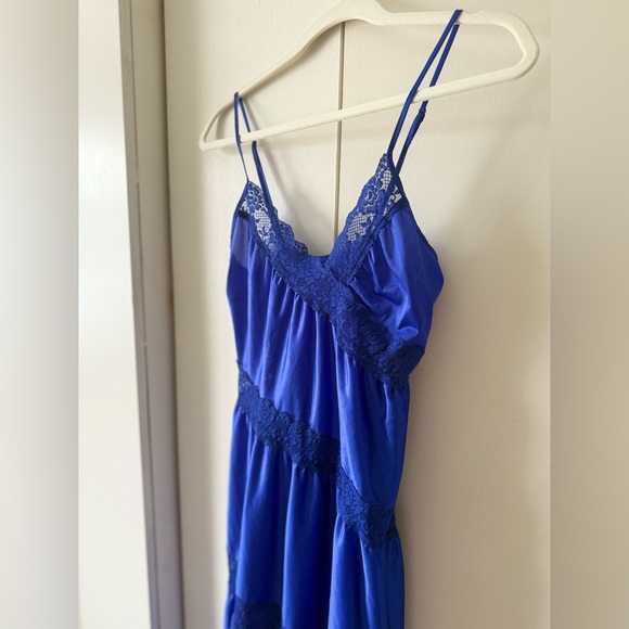 Vintage Slip Dress Royal Blue Vintage Maxi Dress with Asymmetrical Lace Accents - Picture 3 of 8